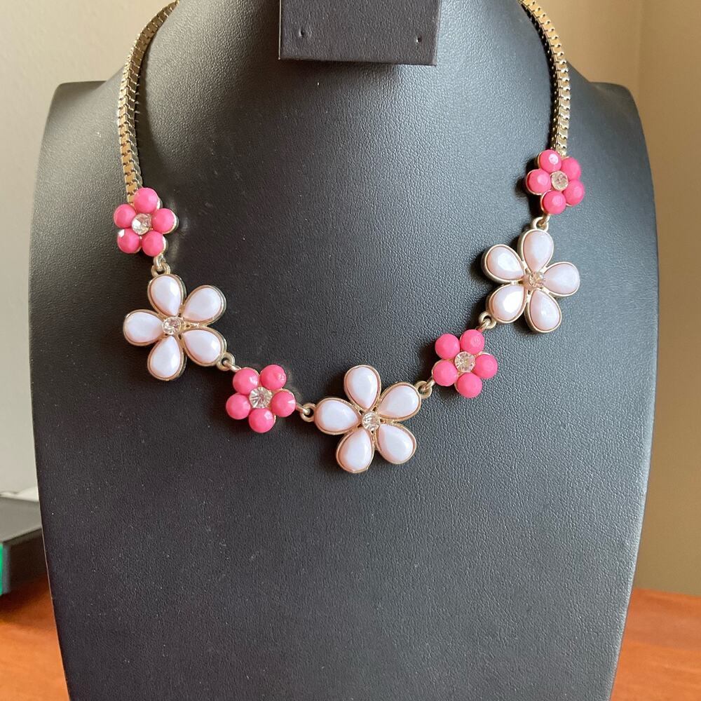 Pink and white flower statement necklace with rhinestone accents